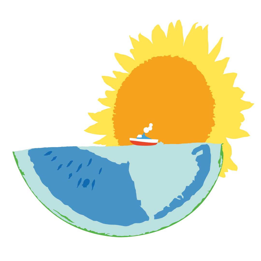 スイカの海を走る船と、その背景に向日葵の太陽。
